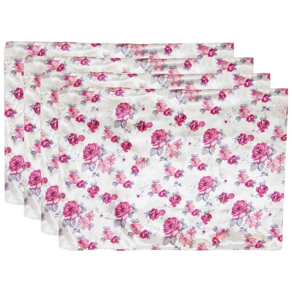 Satin Pillowcase in White with Pink Floral Print Standard Size, Set of 4